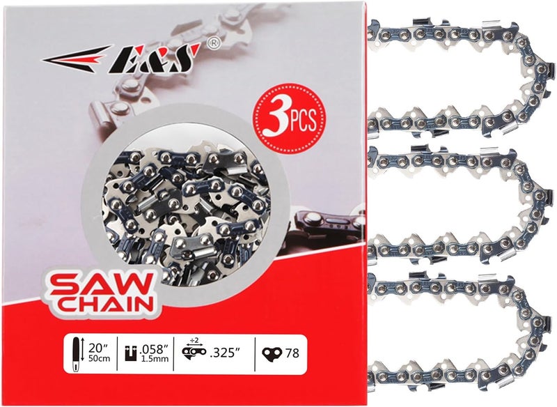 ES 3 Pack 20 Inch Chainsaw Chain .325" Pitch .058" Gauge 78 Drive Links Semi-Chisel Chain Saw Chains for Husqvarna, Poulan, Craftsman, Greenworks and More Chainsaw Brands - Image 1